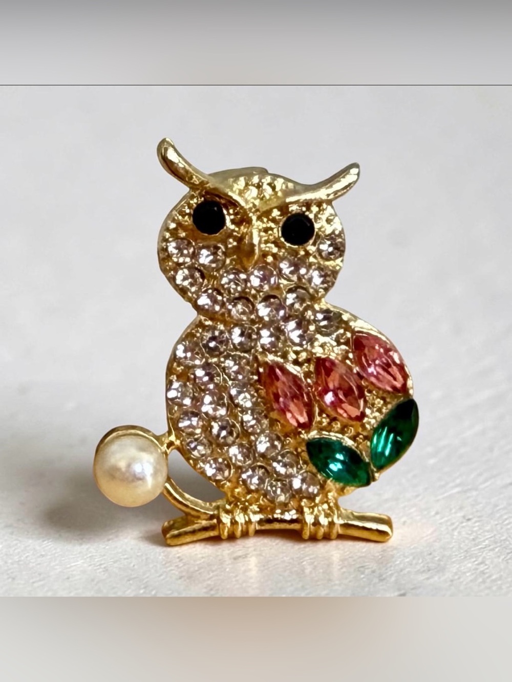 Gold-Tone Owl Sparkling Crystal Rhinestone Brooch pin with Pink & Green Accents
